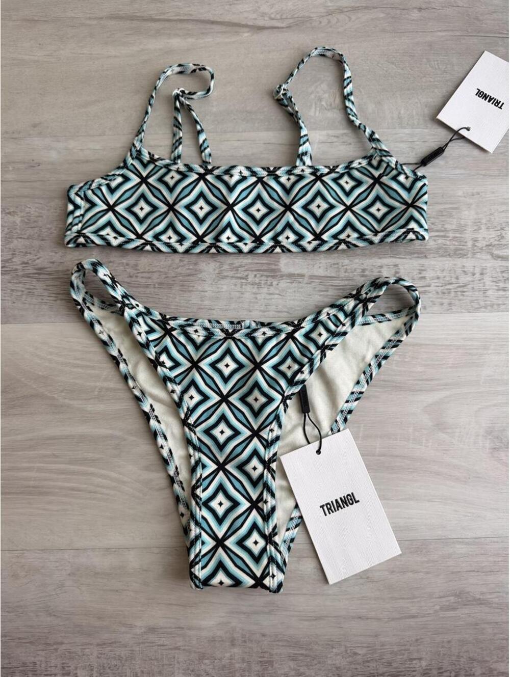Triangl bikini set with geometric diamond pattern in black, white, and teal